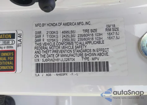 2018 Honda Cr-V Ex-L/Ex-L Navi из США, поврежденный, VIN 5J6RW2H81JL028704